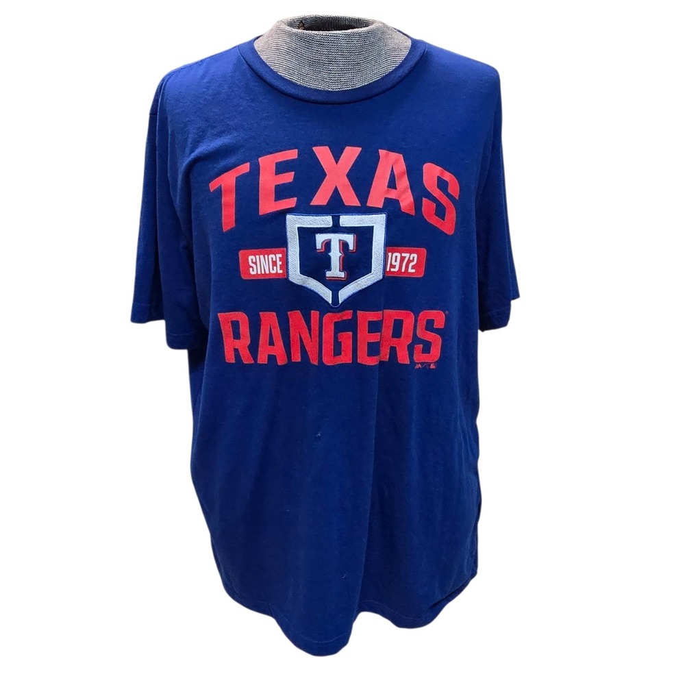 Texas Rangers Since 1972 Majestic Mens 2XL Embroidered T-Shirt Blue Red Graphics